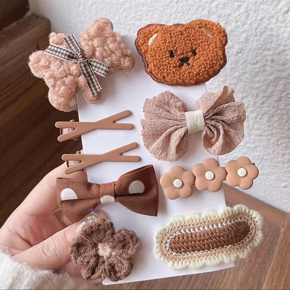 9pcs Girls Hair Clip Bear Flowers Bow Decor Hairpin Side Clip Hair Accessories